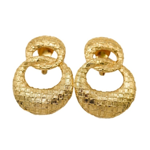 Givenchy 80 Statement Dangle Earrings Clip On Quilted Gold Tone Vintage 1980s - Picture 1 of 13